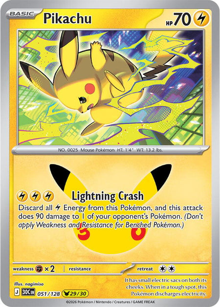 Pikachu #051/128 HOLO Pikachu Rare - 30th Celebration Mega Evolution Pokemon 2026