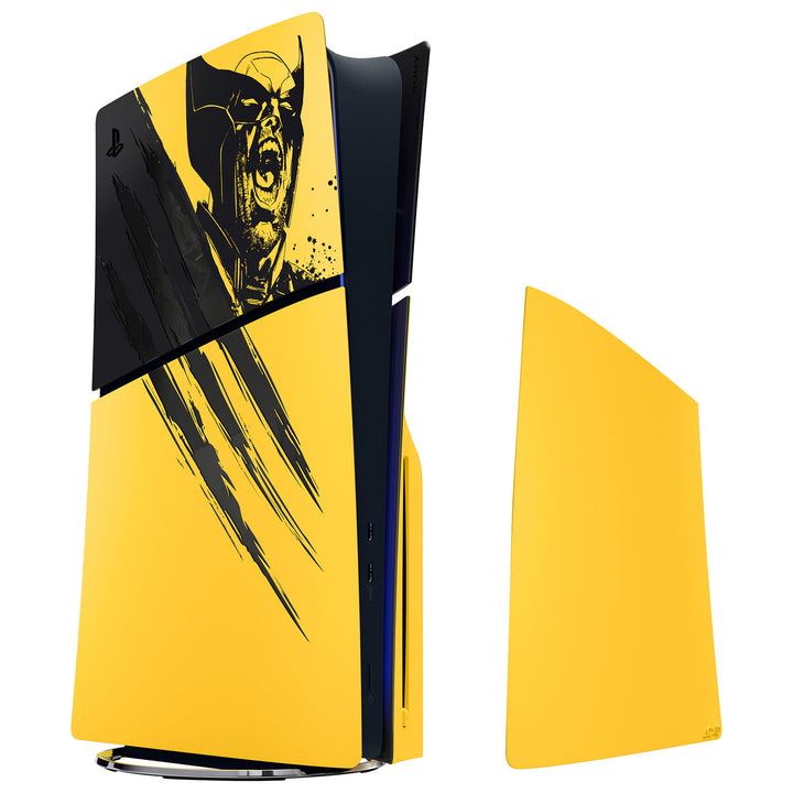 PlayStation 5 Console Covers Marvel's Wolverine Battle Yellow Limited Edition on a slim console, three-quarter view with extra plate