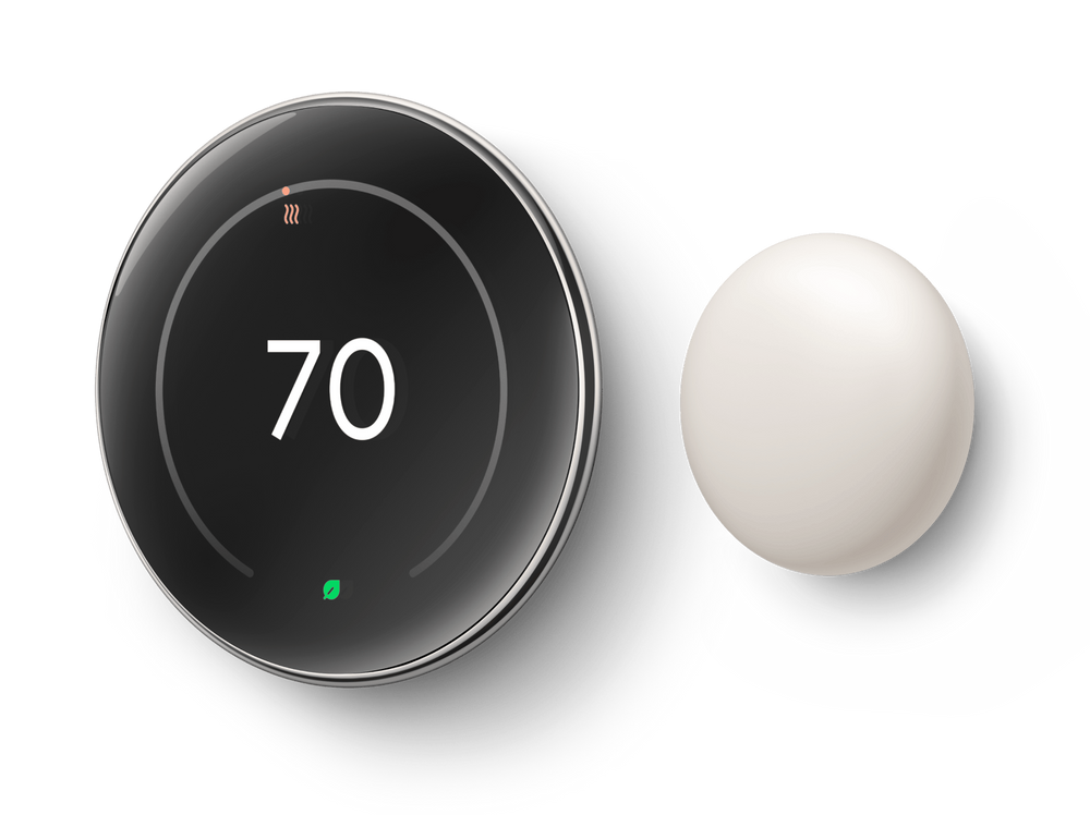 Nest Learning Thermostat 4th gen in Polished Silver with Nest Temperature Sensor, slightly angled view showing 70 degrees #color_polished-silver