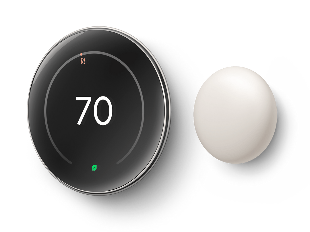 Nest Learning Thermostat 4th gen in Polished Silver with Nest Temperature Sensor, slightly angled view showing 70 degrees #color_polished-silver