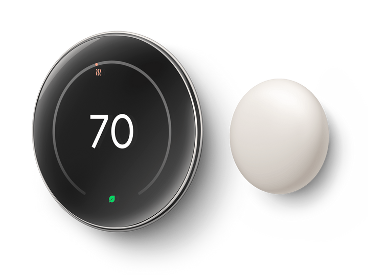Nest Learning Thermostat 4th gen in Polished Silver with Nest Temperature Sensor, slightly angled view showing 70 degrees #color_polished-silver