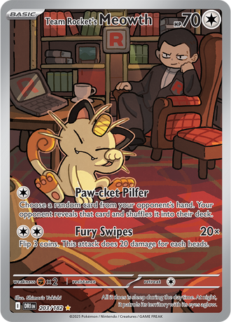 Team Rocket's Meowth 203/182 Illustration Rare by Shimaris Yukichi, Pokémon TCG Destined Rivals
