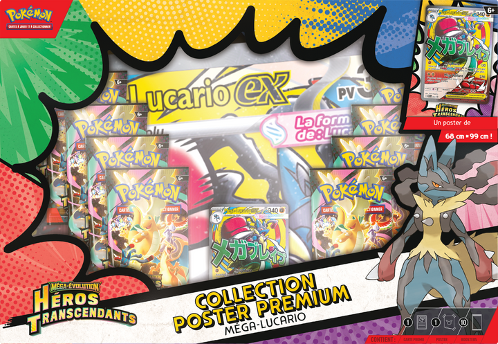 Pokémon French TCG: Héros Transcendants Méga-Lucario Premium Poster Collection (10 Booster Packs + Promo + Poster) - Mega Evolution (FRENCH LANGUAGE CARDS)