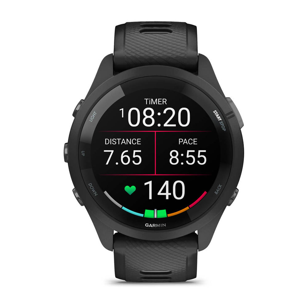 Garmin Forerunner 265 viewed from the right, showing the black and powder grey silicone band