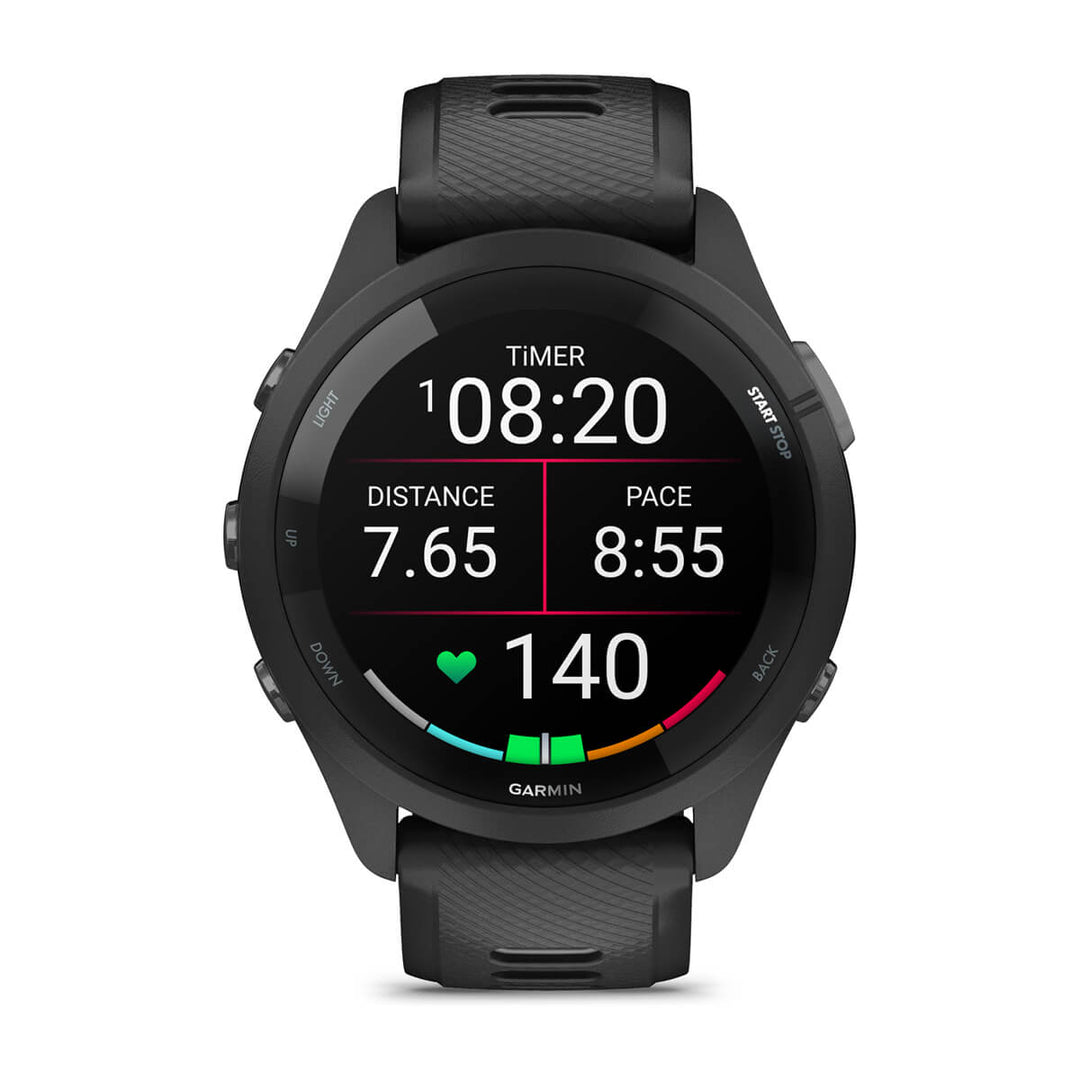 Garmin Forerunner 265 viewed from the right, showing the black and powder grey silicone band