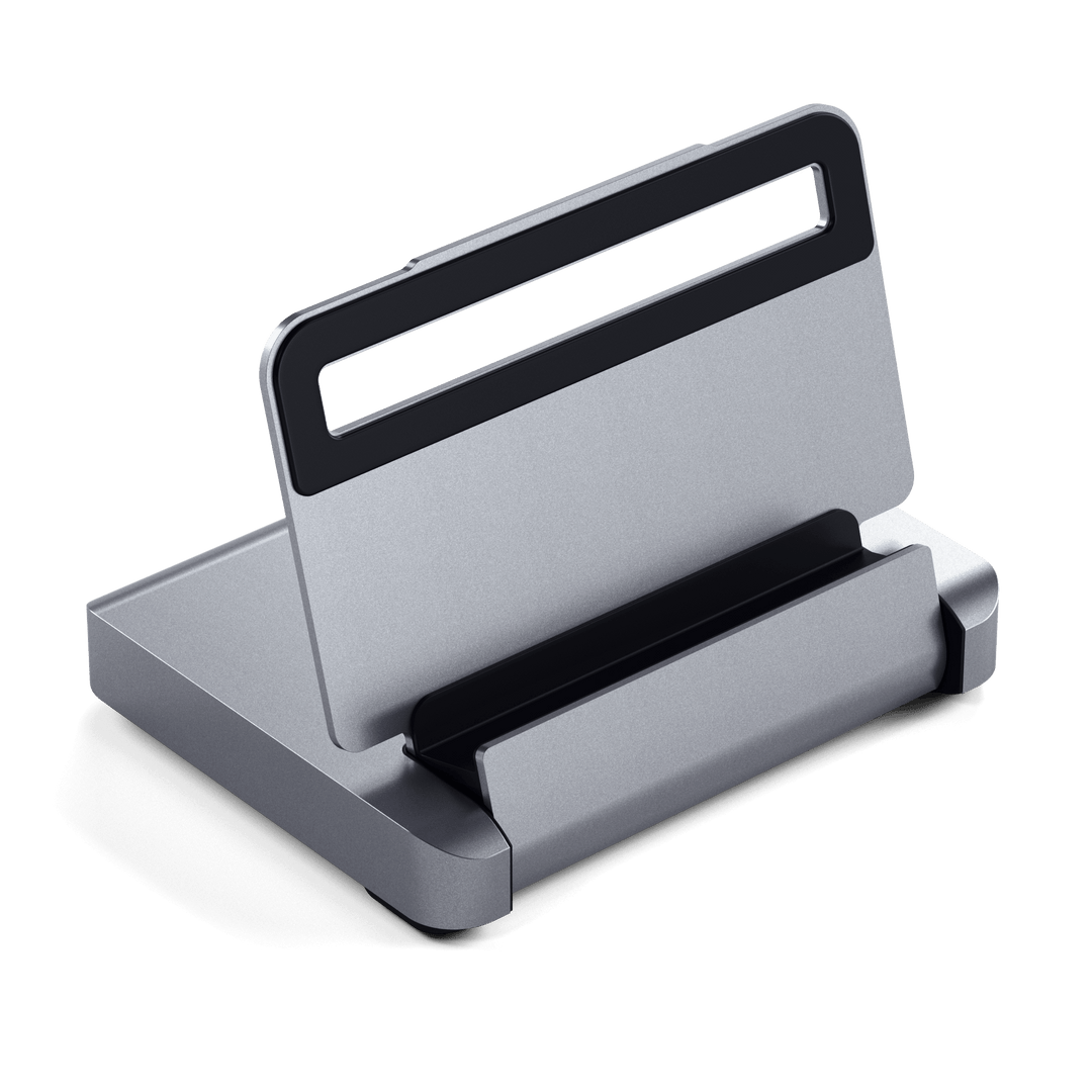 Satechi Aluminum Stand & Hub for iPad Pro unfolded with no tablet, showing the padded cradle and hinge