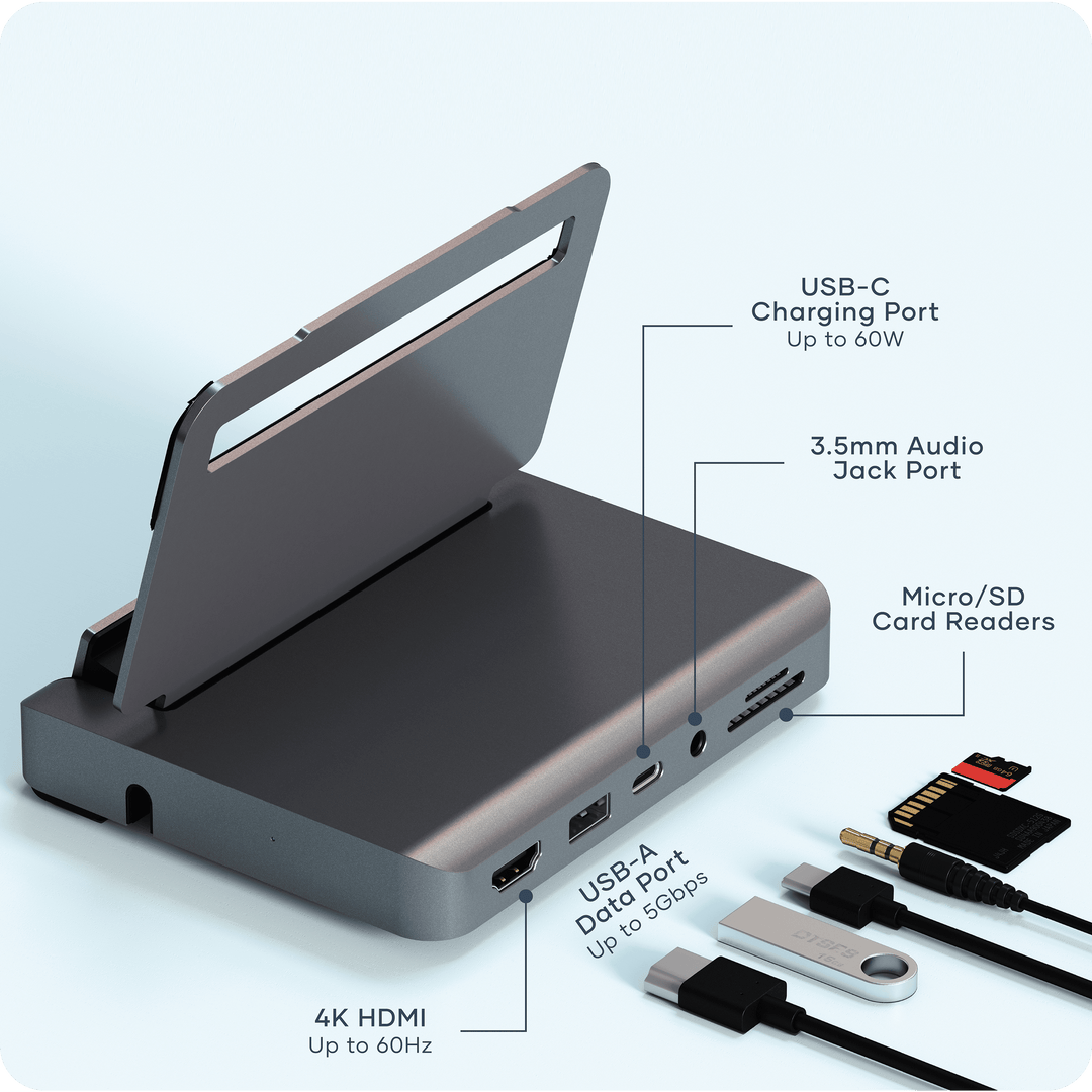 Satechi Aluminum Stand & Hub for iPad Pro port guide: 4K HDMI up to 60Hz, USB-A data, USB-C charging up to 60W, 3.5 mm audio and micro/SD card readers