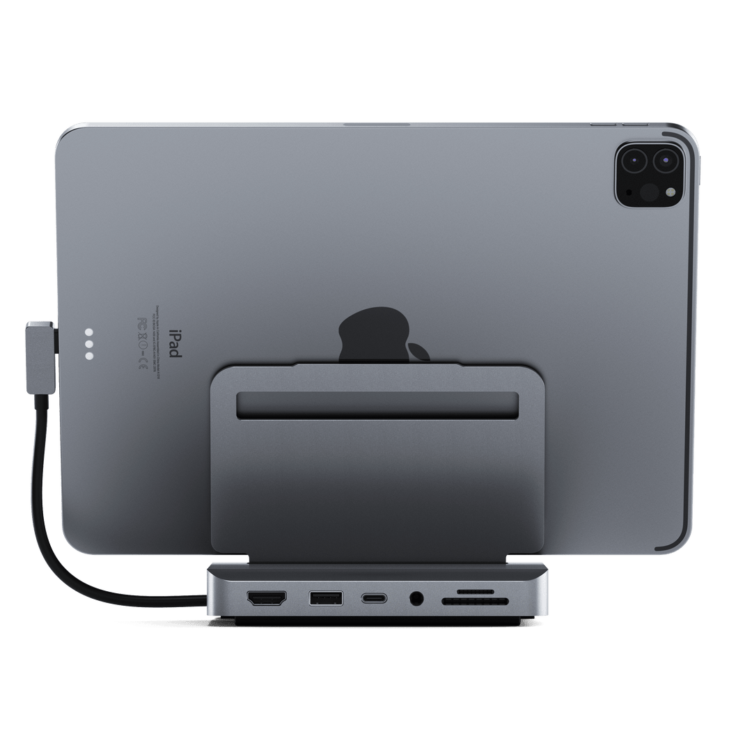 Satechi Aluminum Stand & Hub for iPad Pro from the back, showing the HDMI, USB-A, USB-C, audio and card reader ports