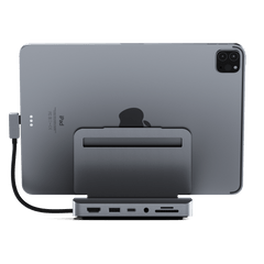 Satechi Aluminum Stand & Hub for iPad Pro from the back, showing the HDMI, USB-A, USB-C, audio and card reader ports