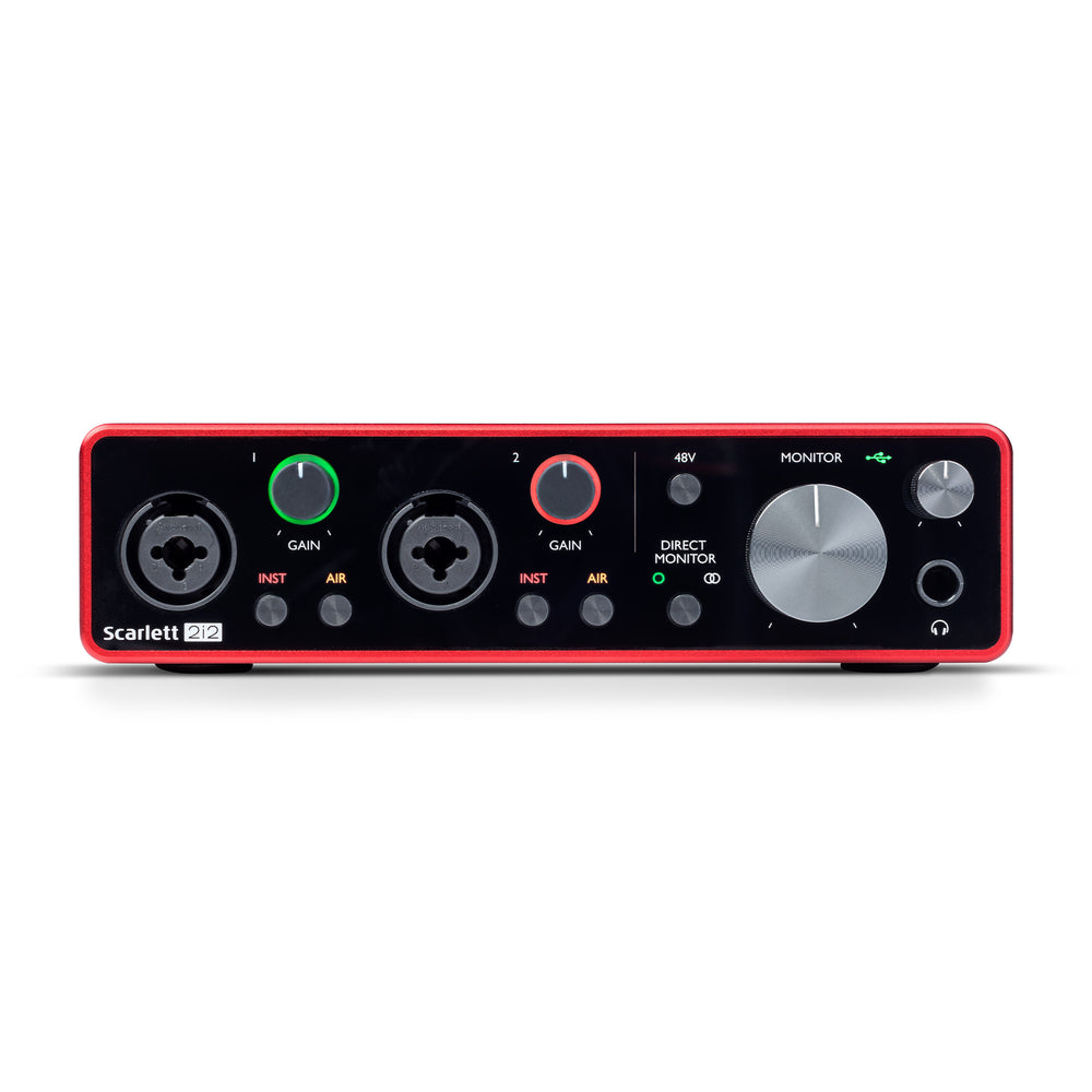 Focusrite Scarlett 2i2 3rd Gen, front panel with two combo inputs and Gain Halos