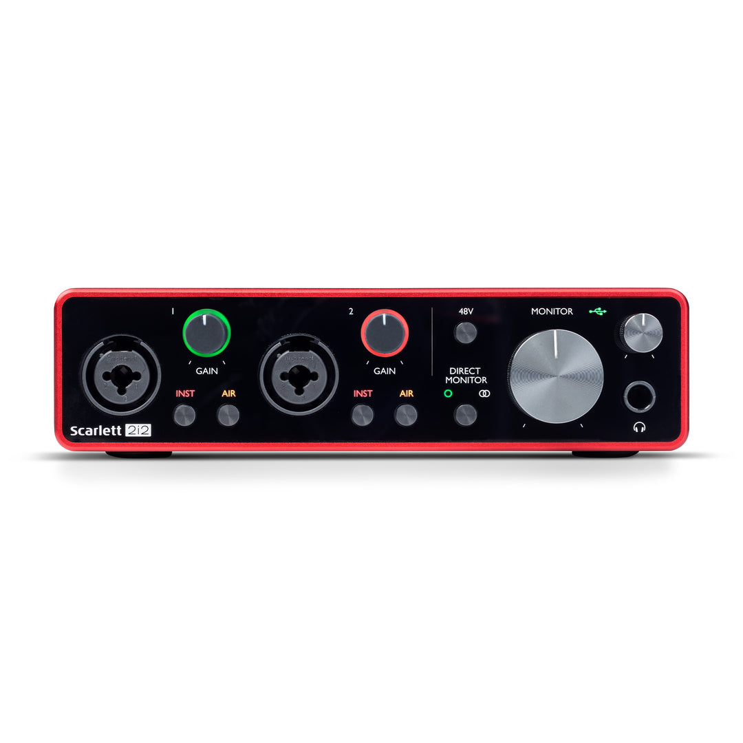 Focusrite Scarlett 2i2 3rd Gen, front panel with two combo inputs and Gain Halos