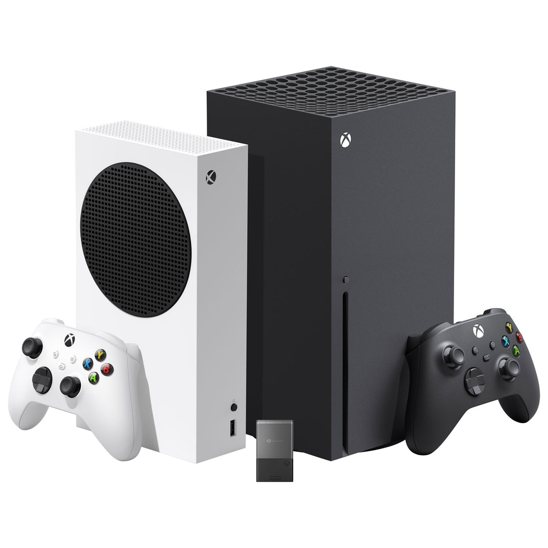 Seagate Storage Expansion Card shown with an Xbox Series S, an Xbox Series X and two controllers