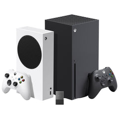 Seagate Storage Expansion Card shown with an Xbox Series S, an Xbox Series X and two controllers