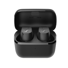 Sennheiser CX True Wireless earbuds in black, both earbuds in the open charging case