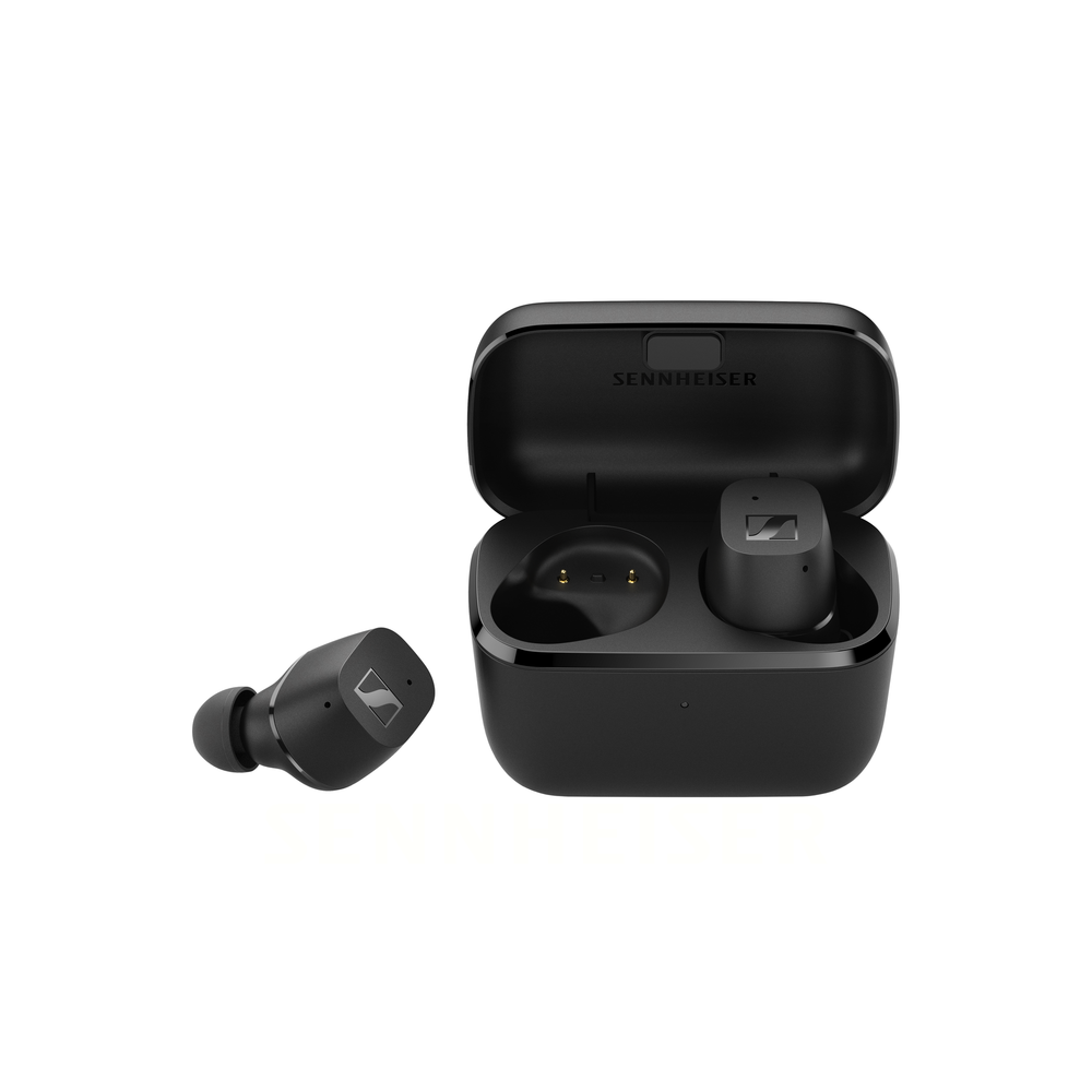 Sennheiser CX True Wireless in black, one earbud beside the open charging case