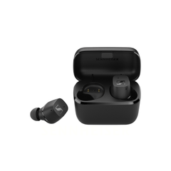 Sennheiser CX True Wireless in black, one earbud beside the open charging case