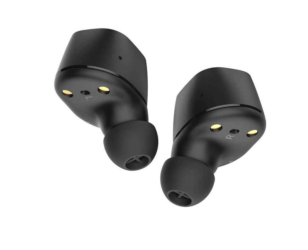 Sennheiser CX True Wireless black earbuds, underside with ear tips and L and R charging contacts