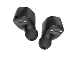 Sennheiser CX True Wireless black earbuds, underside with ear tips and L and R charging contacts