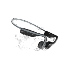 Shokz OpenMove in Slate Grey splashed with water, showing the IP55 sweat and water resistance