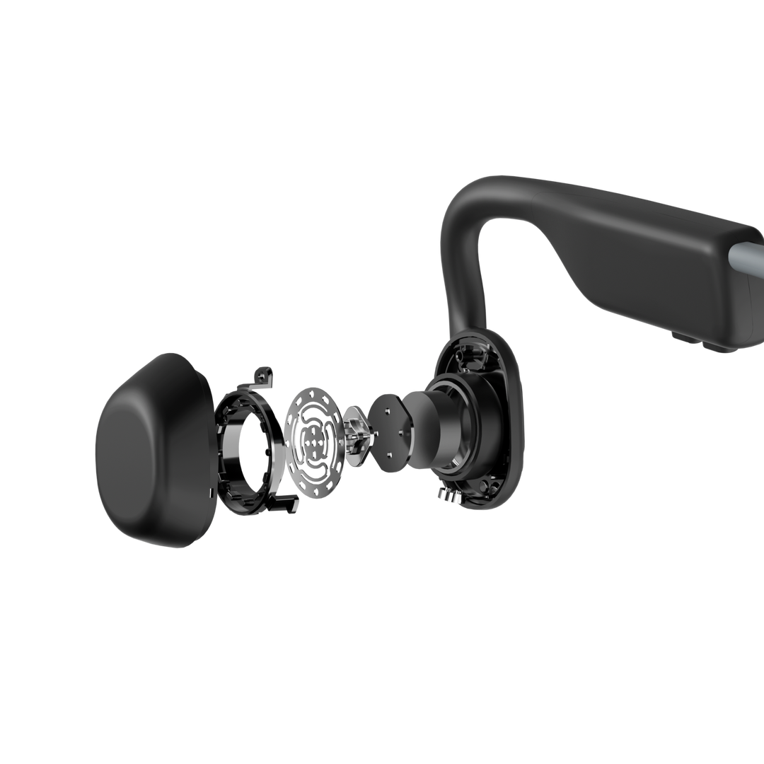 Exploded view of the Shokz OpenMove bone conduction transducer in Slate Grey