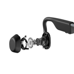 Exploded view of the Shokz OpenMove bone conduction transducer in Slate Grey
