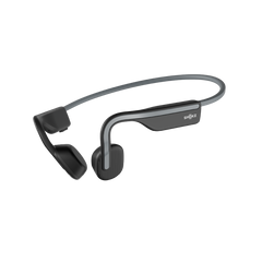 Shokz OpenMove bone conduction headphones in Slate Grey, three-quarter view of the titanium band and transducers