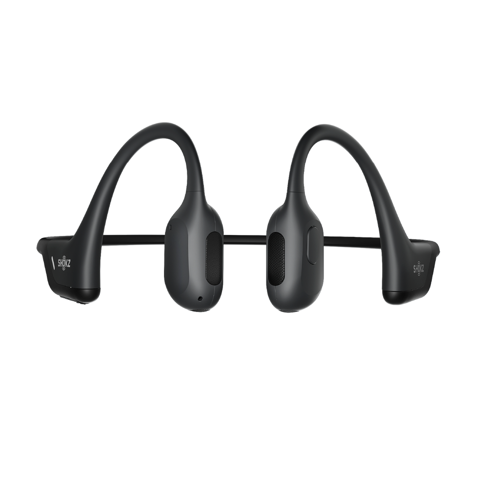 Shokz OpenRun Pro in black seen from the front, showing both transducers, ear hooks and the band