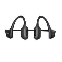 Shokz OpenRun Pro in black seen from the front, showing both transducers, ear hooks and the band
