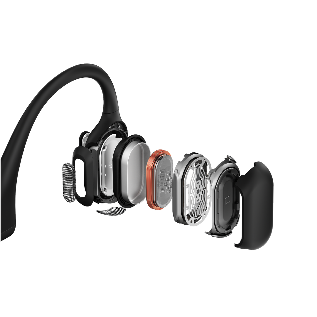 Exploded view of the Shokz OpenRun Pro 9th generation bone conduction transducer in black