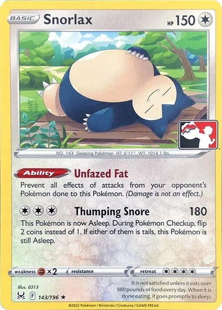 Snorlax #143/196 R Prize Pack - Lost Origin Sword & Shield Pokemon 2022