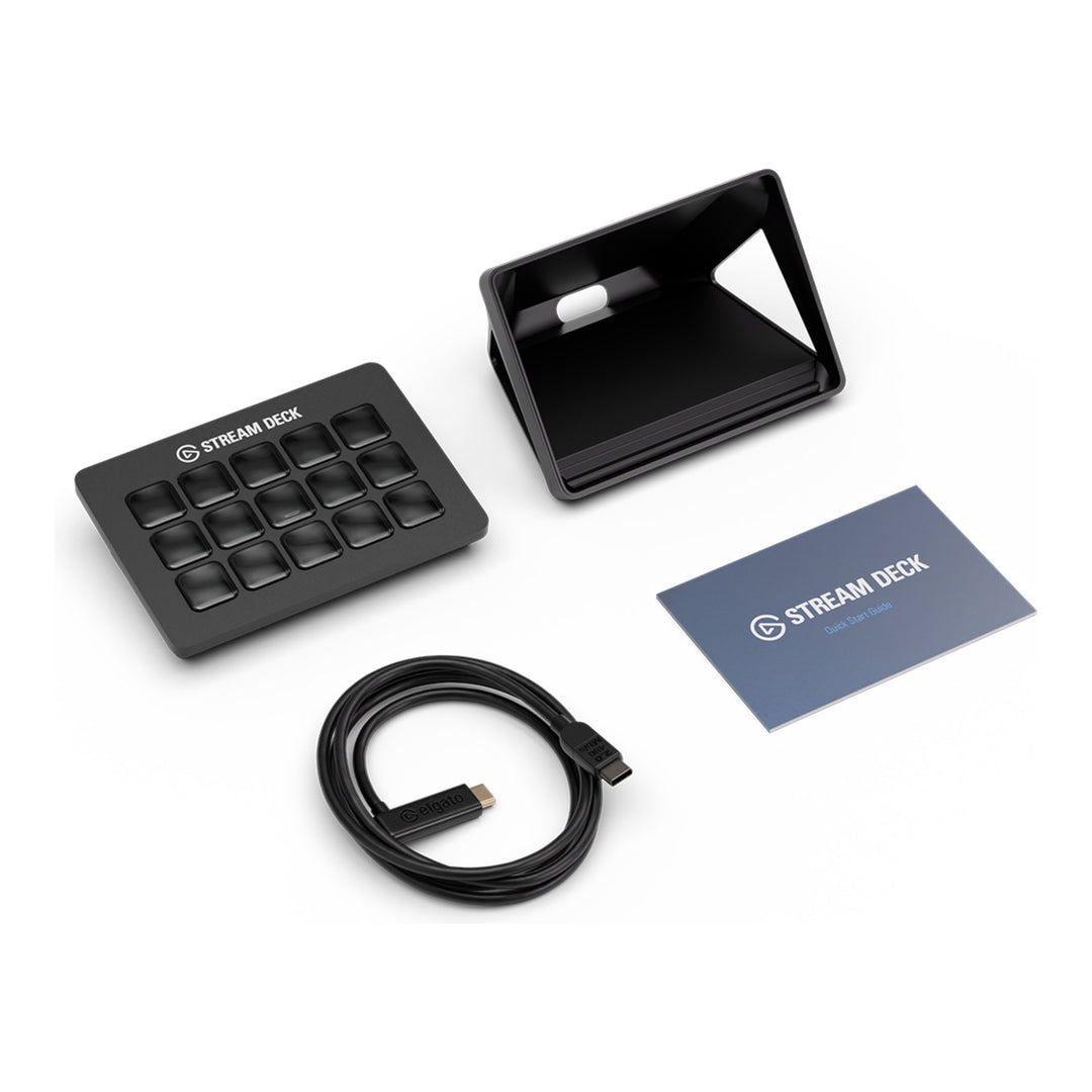Elgato Stream Deck MK.2 Black with its stand, USB-C cable and Quick Start Guide, everything in the box