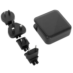 Targus PowerElite 100W GaN charger with its four interchangeable plug heads: AU, UK, US and EU