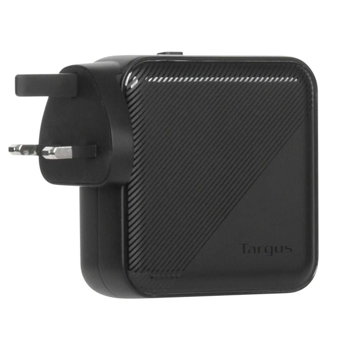 Targus PowerElite 100W GaN charger fitted with the UK plug head