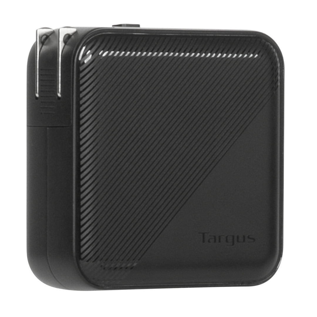 Targus PowerElite 100W GaN charger with the US plug head and its prongs folded out