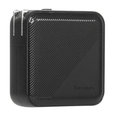 Targus PowerElite 100W GaN charger with the US plug head and its prongs folded out