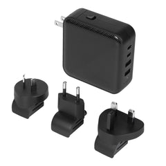 Targus PowerElite 100W GaN wall charger APA109GL in black with the US plug fitted, shown with the AU, EU and UK plug heads from the box
