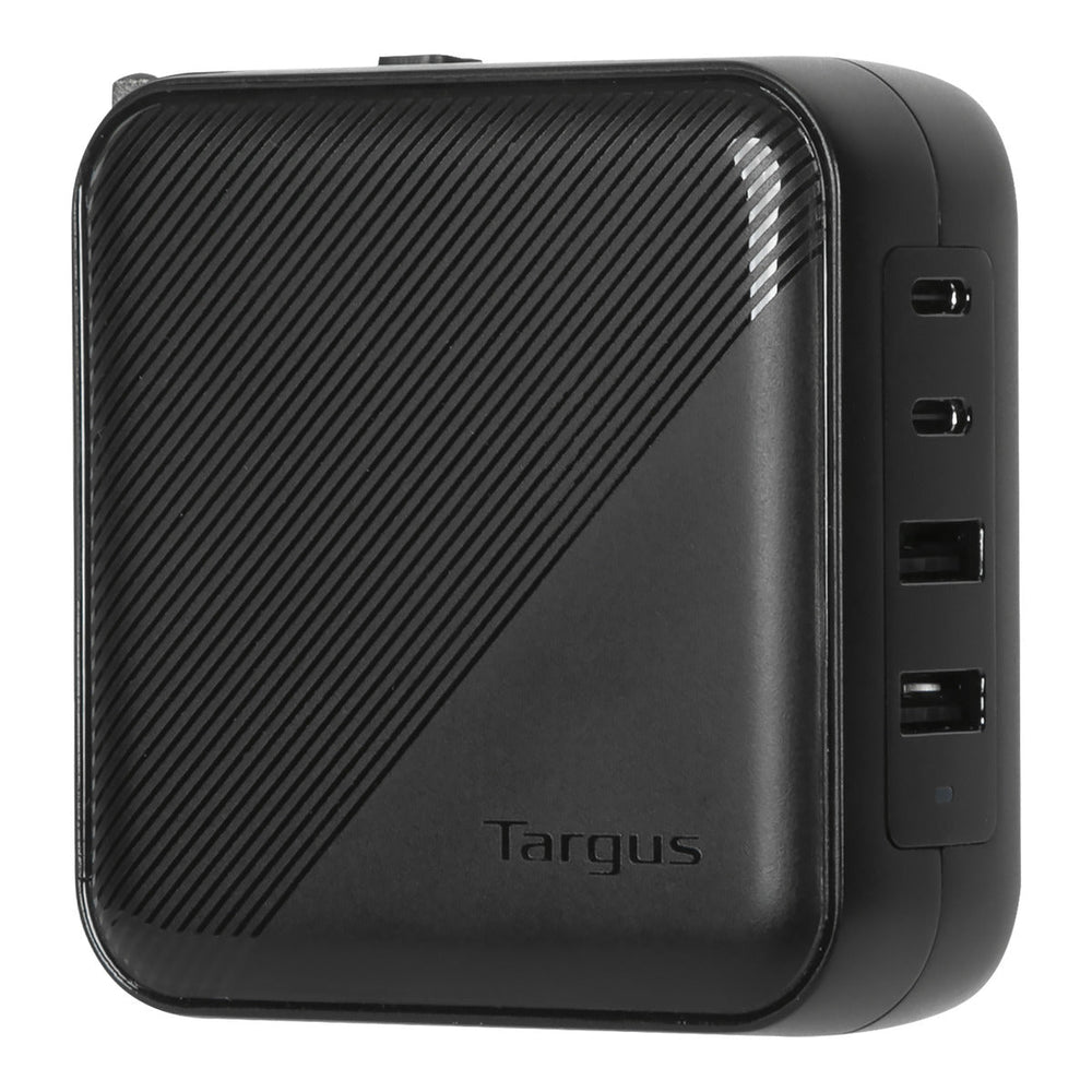 Targus PowerElite 100W GaN wall charger in black, three-quarter view showing the two USB-C and two USB-A ports on the side