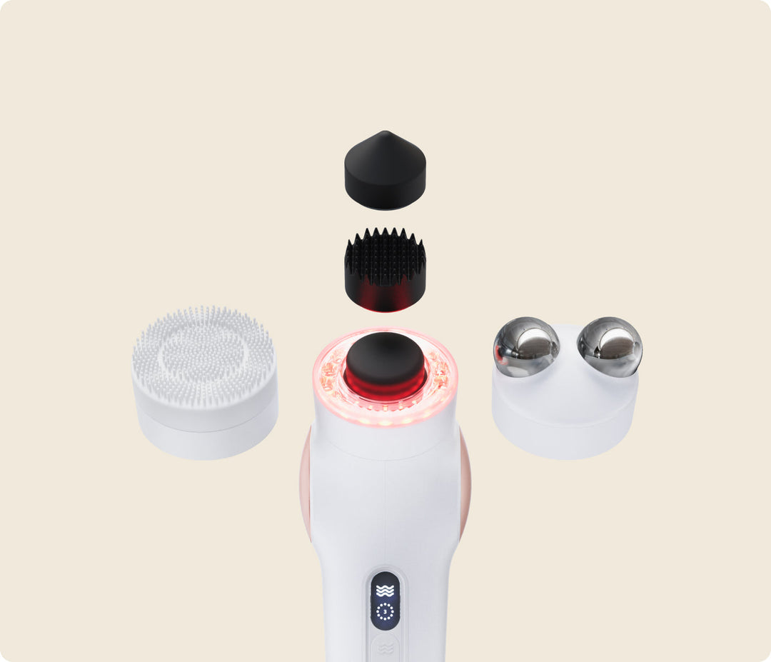 TheraFace PRO white with the Cone, Micro-Point and Flat attachments, Cleansing Ring and Microcurrent Ring