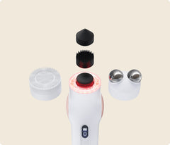 TheraFace PRO white with the Cone, Micro-Point and Flat attachments, Cleansing Ring and Microcurrent Ring