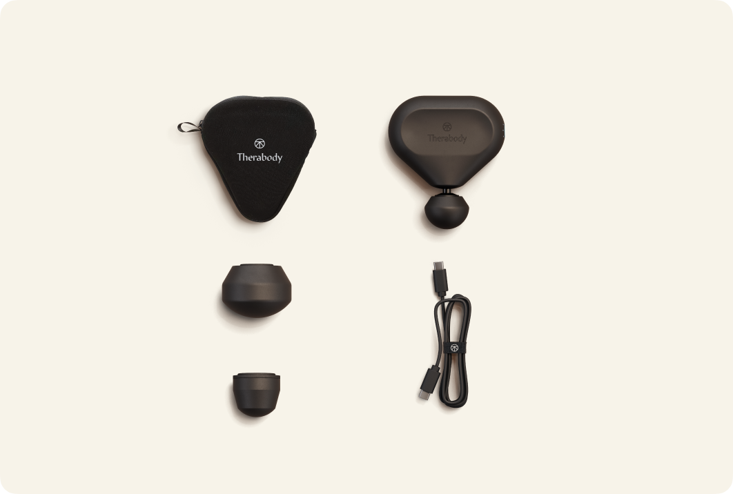 Theragun Mini 2nd Gen black with soft case, charging cable and two extra attachments
