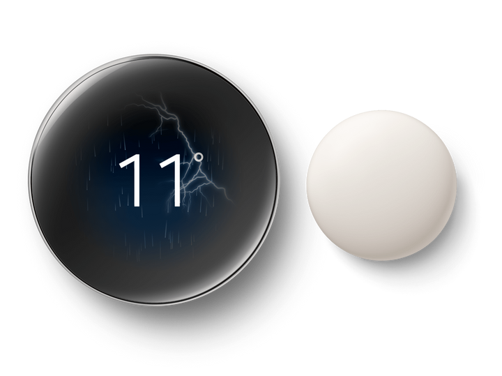 Google Nest Learning Thermostat 4th gen in Polished Silver with Nest Temperature Sensor, front view showing the borderless display