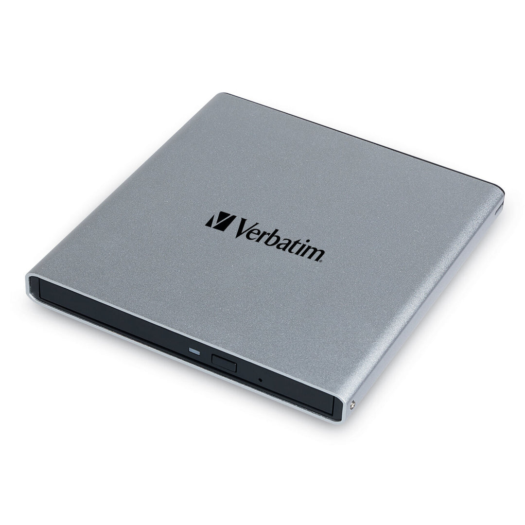 Verbatim External All-in-One Optical Writer 71094 in silver with the black disc tray front and the Verbatim logo on top
