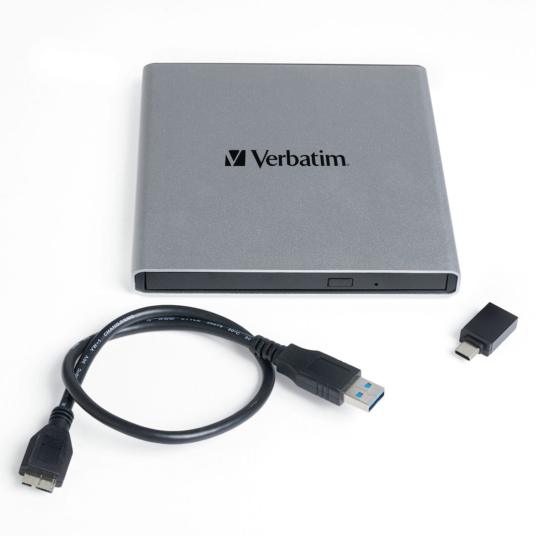 Verbatim External All-in-One Optical Writer with its USB-A cable and USB-A to USB-C adapter laid out beside the drive