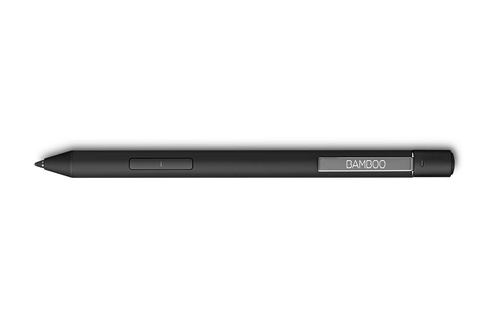 Wacom Bamboo Ink Plus smart stylus in black, side view with the side switch and Bamboo band