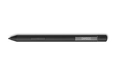 Wacom Bamboo Ink Plus smart stylus in black, side view with the side switch and Bamboo band