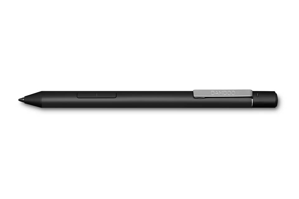 Wacom Bamboo Ink Plus smart stylus in black, top view showing the Bamboo band