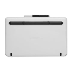 Back of the Wacom One pen display in Flint White, with the Wacom One Pen held along the top edge
