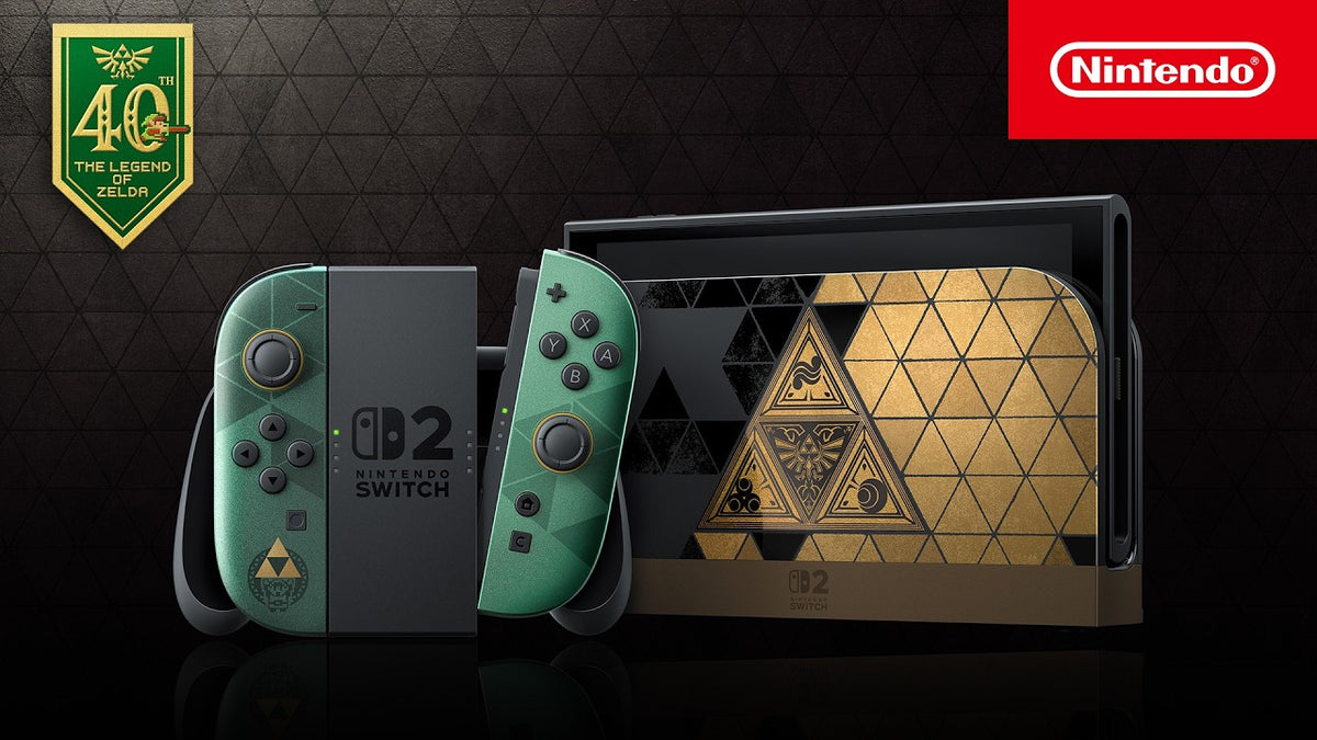 Nintendo Switch 2 The Legend of Zelda 40th Anniversary Edition with green and gold Joy-Con 2 and a gold Triforce dock