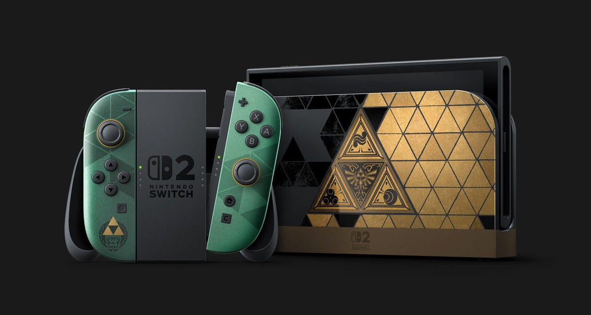 Nintendo Switch 2 The Legend of Zelda 40th Anniversary Edition with green Joy-Con 2 and a gold Triforce dock
