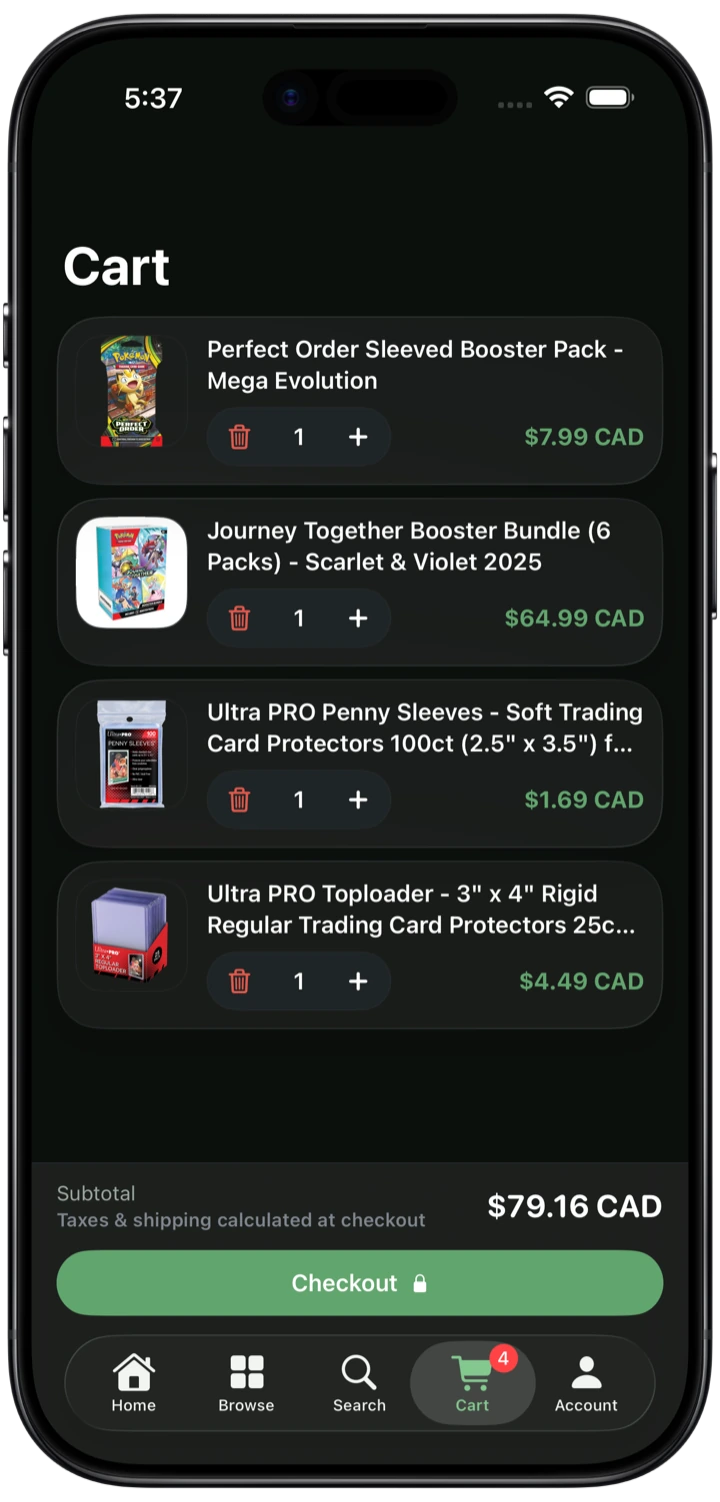 Search. Cart. Checkout. — app screenshot